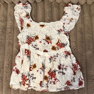 White Floral Peplum Top with Lace Trim - Women